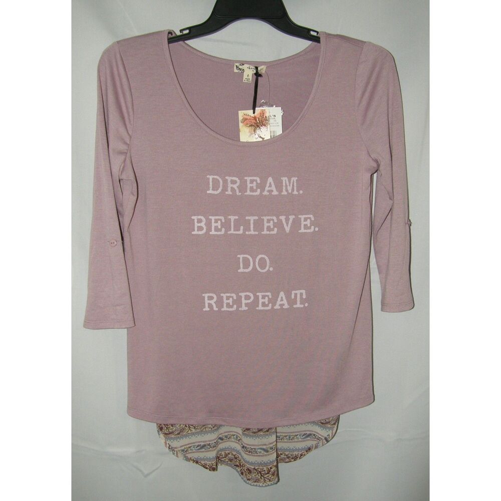 ABOUT A GIRL Soft Stretchy Sz Large Mauve High Low Roll Tab Sleeves Shirt NEW